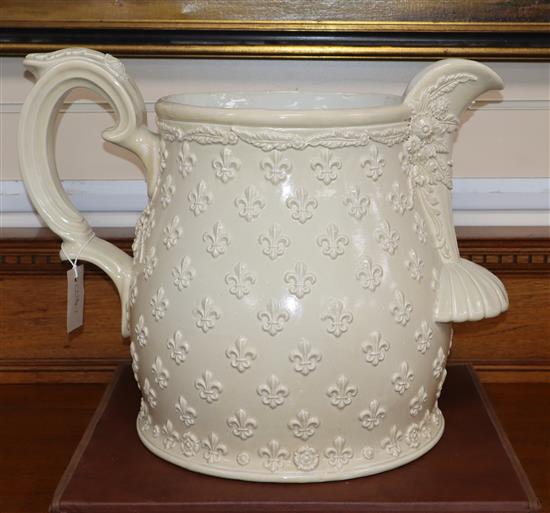 A Victorian Creamware oversized ale jug marked Weldon height 42cm